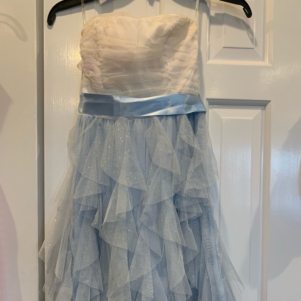 girls sparkly blue and white strapless dress